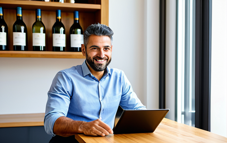 A professional, focused Portuguese entrepreneur in their 30s, dressed in a crisp, modest business casual shirt and trousers, seated comfortably at a modern wooden desk. They are holding a tablet, displaying an elegant e-commerce website showcasing traditional Portuguese wines and spirits. The background is a bright, contemporary office space with subtle hints of Portuguese culture, such as a traditional ceramic tile motif on a wall or a decorative bottle of artisanal wine on a shelf. Natural light streams in from a large window, creating an innovative and optimistic atmosphere that symbolizes the blend of tradition and digital advancement. Professional photography, high detail, vibrant colors, clear focus. Perfect anatomy, correct proportions, natural pose, well-formed hands, proper finger count, natural body proportions. Safe for work, appropriate content, fully clothed, professional attire, family-friendly.