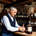 A skilled Portuguese artisan, fully clothed in modest, traditional work attire, carefully pouring a rich, dark artisanal liqueur from a traditional copper still into a clear glass bottle. The scene is set inside a dimly lit, rustic Portuguese distillery, with ancient stone walls and robust wooden beams. Traditional ceramic vessels and shelves filled with local herbs are visible in the background, hinting at the natural ingredients. Soft, warm light illuminates the artisan's hands and the liqueur, creating an authentic and timeless atmosphere. Professional studio photography, natural pose, perfect anatomy, correct proportions, well-formed hands, proper finger count, natural body proportions, high detail, rich textures, safe for work, appropriate content, fully clothed, professional.