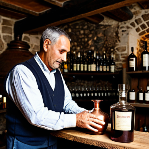 Home 6 A skilled Portuguese artisan, fully clothed in modest, traditional work attire, carefully pouring a rich, dark artisanal liqueur from a traditional copper still into a clear glass bottle. The scene is set inside a dimly lit, rustic Portuguese distillery, with ancient stone walls and robust wooden beams. Traditional ceramic vessels and shelves filled with local herbs are visible in the background, hinting at the natural ingredients. Soft, warm light illuminates the artisan's hands and the liqueur, creating an authentic and timeless atmosphere. Professional studio photography, natural pose, perfect anatomy, correct proportions, well-formed hands, proper finger count, natural body proportions, high detail, rich textures, safe for work, appropriate content, fully clothed, professional.