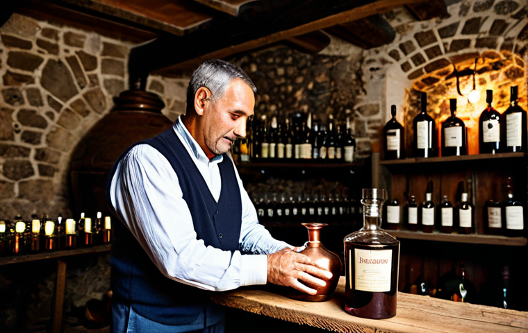 A skilled Portuguese artisan, fully clothed in modest, traditional work attire, carefully pouring a rich, dark artisanal liqueur from a traditional copper still into a clear glass bottle. The scene is set inside a dimly lit, rustic Portuguese distillery, with ancient stone walls and robust wooden beams. Traditional ceramic vessels and shelves filled with local herbs are visible in the background, hinting at the natural ingredients. Soft, warm light illuminates the artisan's hands and the liqueur, creating an authentic and timeless atmosphere. Professional studio photography, natural pose, perfect anatomy, correct proportions, well-formed hands, proper finger count, natural body proportions, high detail, rich textures, safe for work, appropriate content, fully clothed, professional.