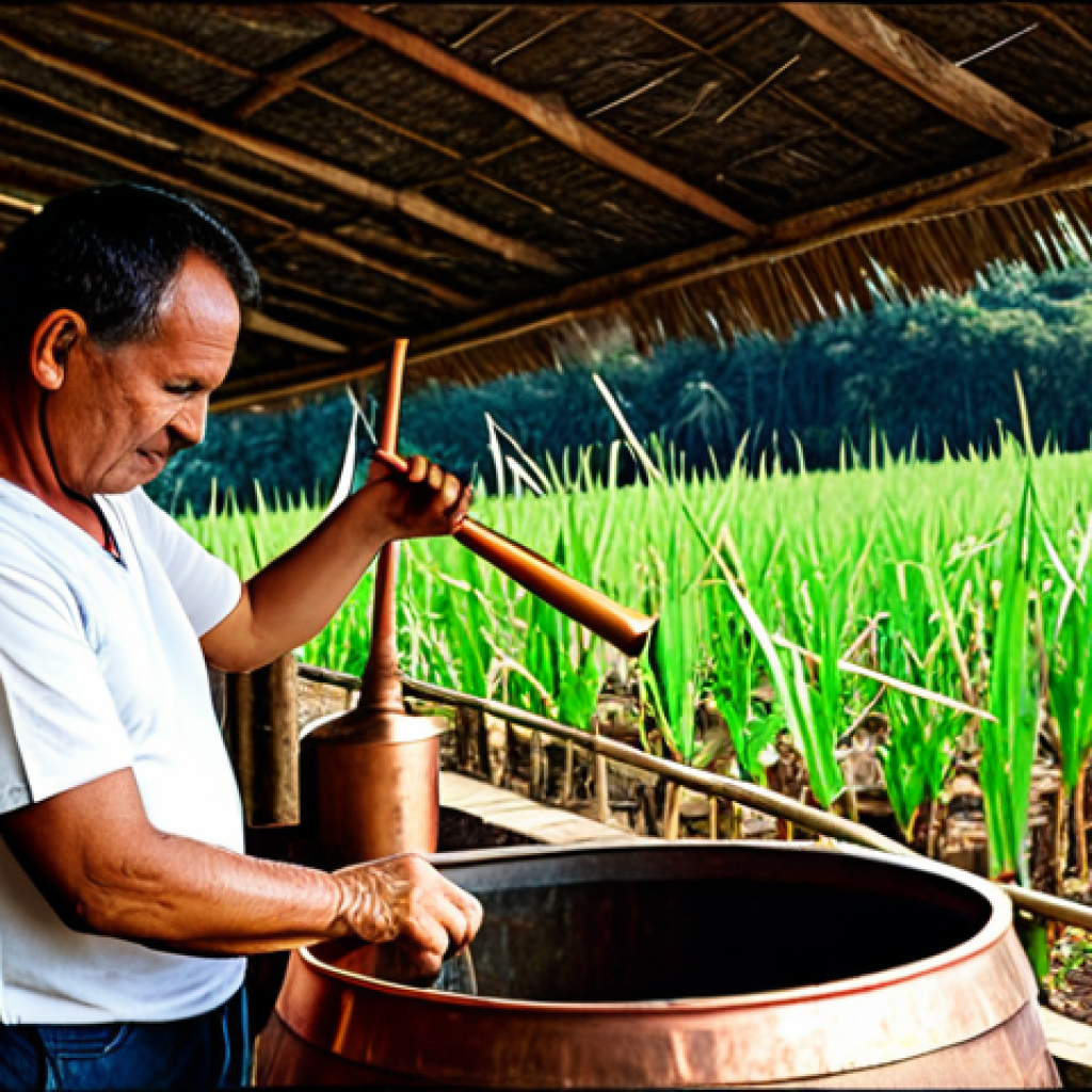 **
A master distiller in a fully clothed, professional setting at a rustic Brazilian cachaça distillery. He is inspecting the copper still, with sugarcane fields visible in the background. The scene captures the artisanal process of cachaça production, emphasizing tradition and heritage. The image should have perfect anatomy, correct proportions, well-formed hands, and a natural pose. Safe for work, appropriate content, fully clothed, family-friendly, professional photography, high quality.
**