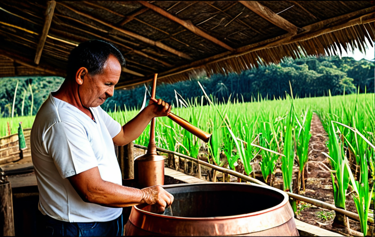 **
A master distiller in a fully clothed, professional setting at a rustic Brazilian cachaça distillery. He is inspecting the copper still, with sugarcane fields visible in the background. The scene captures the artisanal process of cachaça production, emphasizing tradition and heritage. The image should have perfect anatomy, correct proportions, well-formed hands, and a natural pose. Safe for work, appropriate content, fully clothed, family-friendly, professional photography, high quality.
**