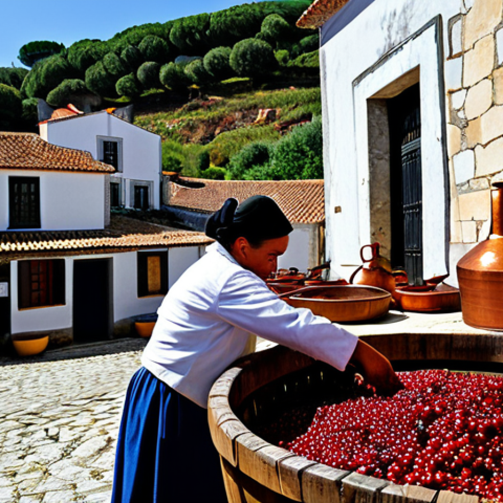 Traditional Liqueur Production**
"A vibrant, professional photograph showcasing the traditional production of Ginja de Óbidos liqueur in Portugal. Depict a rustic setting with copper alembic stills, ripe ginja cherries being sorted, and glass bottles being filled. A family is working together, dressed in modest, traditional clothing, smiling. Background shows the picturesque town of Óbidos. Focus on the process and the heritage. Safe for work, appropriate content, fully clothed, perfect anatomy, natural proportions, professional, family-friendly, high quality, detailed."
**