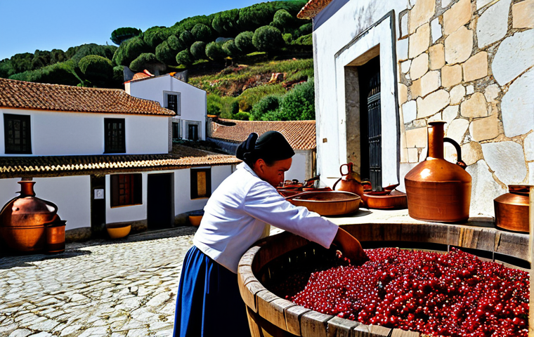Traditional Liqueur Production**
"A vibrant, professional photograph showcasing the traditional production of Ginja de Óbidos liqueur in Portugal. Depict a rustic setting with copper alembic stills, ripe ginja cherries being sorted, and glass bottles being filled. A family is working together, dressed in modest, traditional clothing, smiling. Background shows the picturesque town of Óbidos. Focus on the process and the heritage. Safe for work, appropriate content, fully clothed, perfect anatomy, natural proportions, professional, family-friendly, high quality, detailed."
**