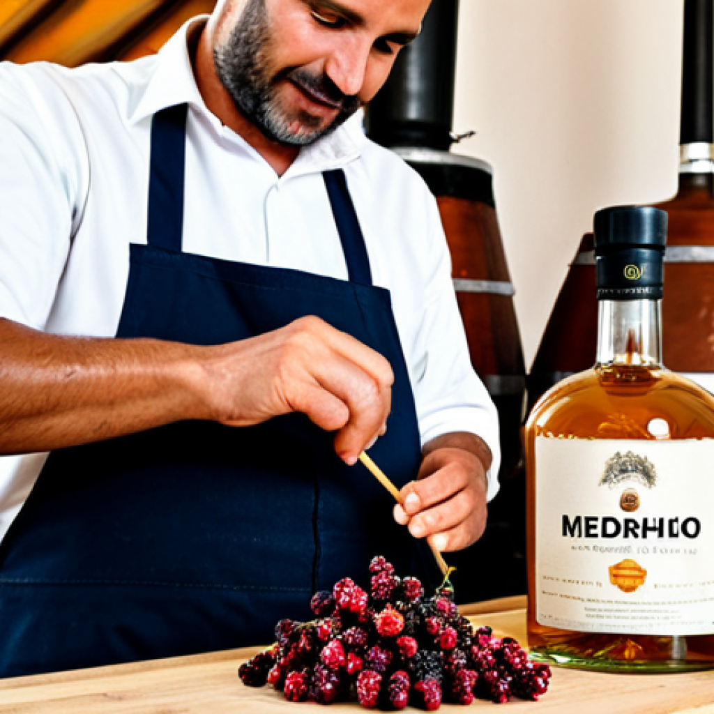Algarve Medronho Liqueur Creation**
A professional distiller, fully clothed in appropriate work attire, carefully mixing ingredients for a Medronho liqueur in a traditional Algarve distillery. On the table are medronho berries, local honey, and various spices. Copper alembic stills are visible in the background. Warm, inviting light. Perfect anatomy, correct proportions, well-formed hands, natural pose, safe for work, appropriate content, fully clothed, professional, modest, family-friendly.
**