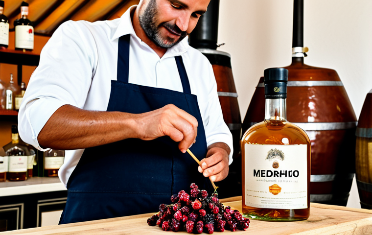 Algarve Medronho Liqueur Creation**
A professional distiller, fully clothed in appropriate work attire, carefully mixing ingredients for a Medronho liqueur in a traditional Algarve distillery. On the table are medronho berries, local honey, and various spices. Copper alembic stills are visible in the background. Warm, inviting light. Perfect anatomy, correct proportions, well-formed hands, natural pose, safe for work, appropriate content, fully clothed, professional, modest, family-friendly.
**