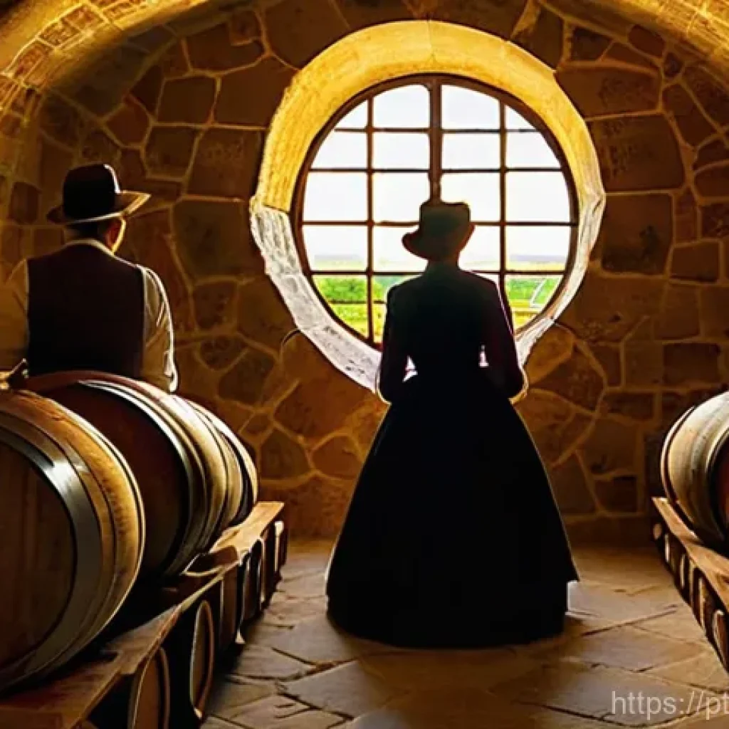 전통주 브랜드의 해외 진출 사례 - **Prompt:** A serene, sun-drenched scene inside an ancient Portuguese wine cellar in the Douro Valle...