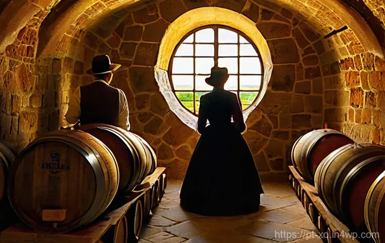 전통주 브랜드의 해외 진출 사례 - **Prompt:** A serene, sun-drenched scene inside an ancient Portuguese wine cellar in the Douro Valle...
