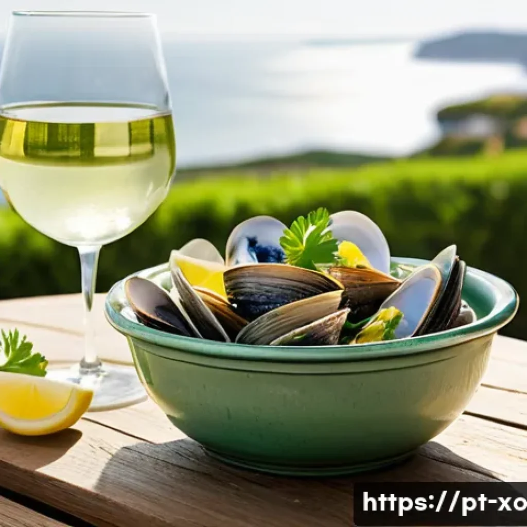 전통주 브랜드를 활용한 음식 페어링 - **Prompt:** A vibrant and refreshing outdoor dining scene featuring a bottle of chilled Vinho Verde....