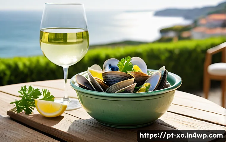 전통주 브랜드를 활용한 음식 페어링 - **Prompt:** A vibrant and refreshing outdoor dining scene featuring a bottle of chilled Vinho Verde....