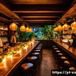 Home 22 전통주 브랜드와 소비자 참여 활성화 - A lively themed tasting event in a cozy Brazilian bar setting, featuring diverse guests enjoying cra...