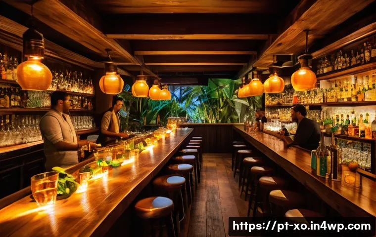 전통주 브랜드와 소비자 참여 활성화 - A lively themed tasting event in a cozy Brazilian bar setting, featuring diverse guests enjoying cra...