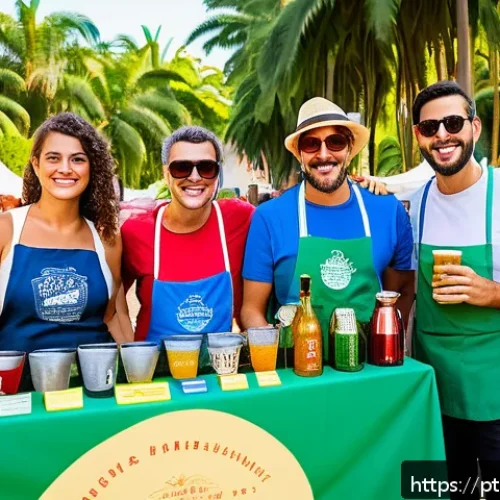Home 32 전통주 브랜드의 대회 및 공모전 참여 - A vibrant artisanal beverage fair in a sunny Brazilian town square, with colorful stalls showcasing ...