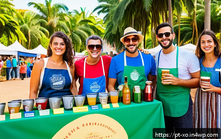 전통주 브랜드의 대회 및 공모전 참여 - A vibrant artisanal beverage fair in a sunny Brazilian town square, with colorful stalls showcasing ...