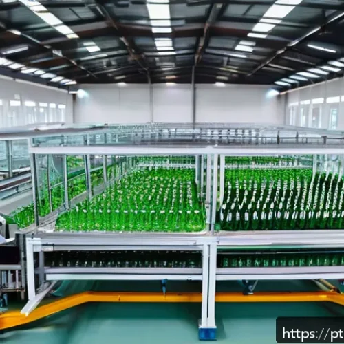 Home 31 전통주 브랜드의 패키지 재활용 - A modern beverage packaging factory interior showcasing sustainable production lines, with workers w...