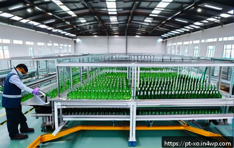 전통주 브랜드의 패키지 재활용 - A modern beverage packaging factory interior showcasing sustainable production lines, with workers w...
