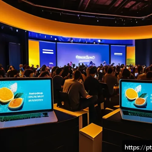 Home 30 전통주 브랜드의 혁신적인 마케팅 채널 - A vibrant and dynamic digital marketing event scene in São Paulo, Brazil, showing a hybrid event set...