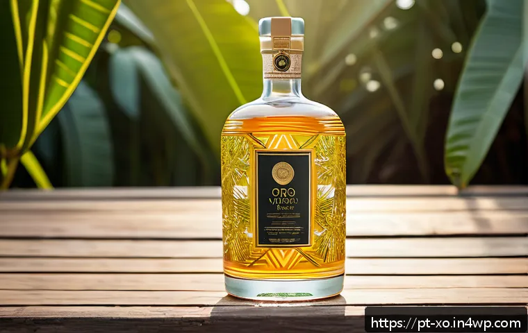 전통주 브랜드의 경쟁 분석 - A beautifully crafted artisanal cachaça bottle labeled "Ouro Verde," featuring intricate designs ins...