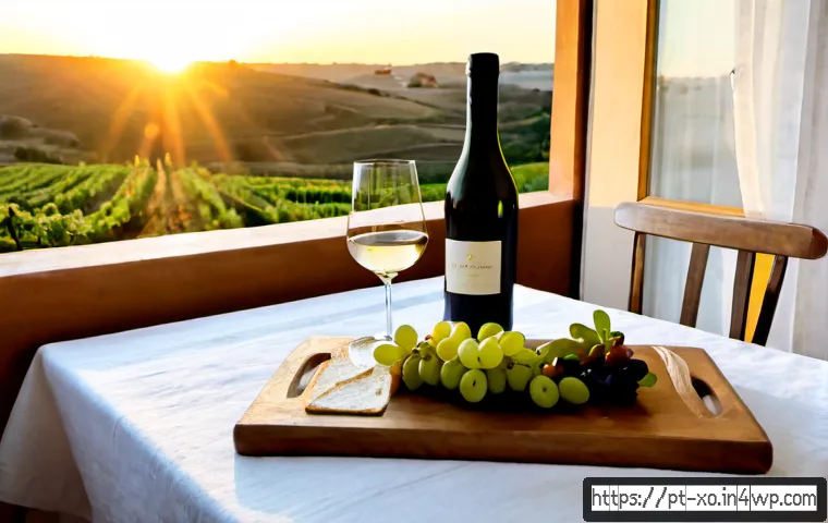 Home 17 가정에서 즐기는 전통주 브랜드 - Photorealistic cozy Portuguese home dining table at sunset, an elegant unlabelled clay bottle of tra...