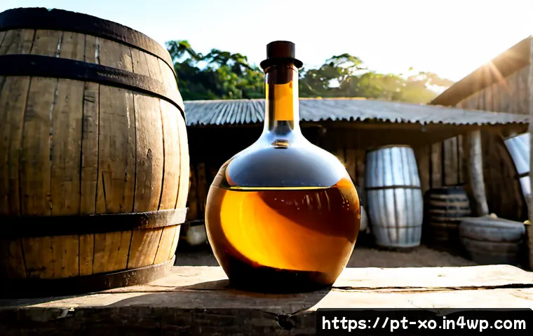 Home 17 전통주 브랜드의 연대기 - Photorealistic historical still life illustrating the evolution of Brazilian cachaça craftsmanship, ...
