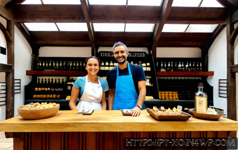 전통주 브랜드의 팝업 스토어 운영 - Photorealistic traditional Portuguese spirit pop-up store inside a bright Lisbon market hall, elegan...